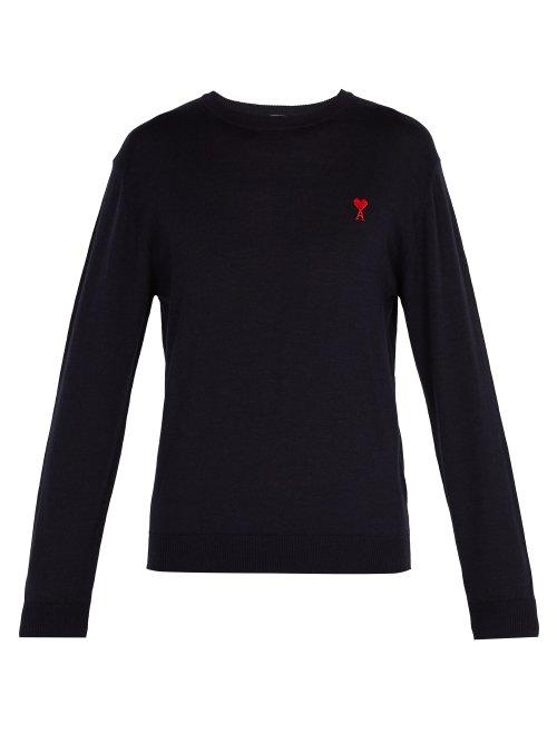 Matchesfashion.com Ami - Logo Embroidered Wool Sweater - Mens - Navy