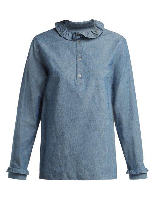 Matchesfashion.com A.p.c. - Agathe Ruffle Trimmed Cotton Blend Blouse - Womens - Light Blue