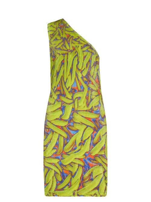 Bottega Veneta - One-shoulder Banana-print Crinkled-jersey Dress - Womens - Multi
