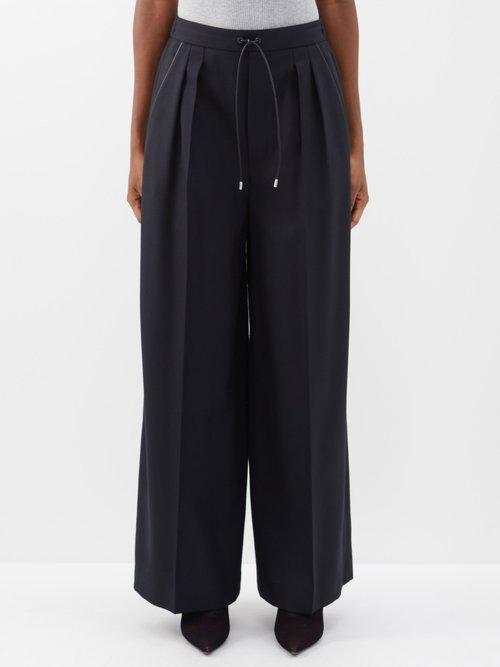 Loewe - Pleated Wool-twill Wide-leg Trousers - Womens - Black