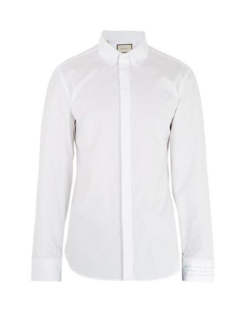 Matchesfashion.com Gucci - Text Embroidered Single Cuff Cotton Poplin Shirt - Mens - White