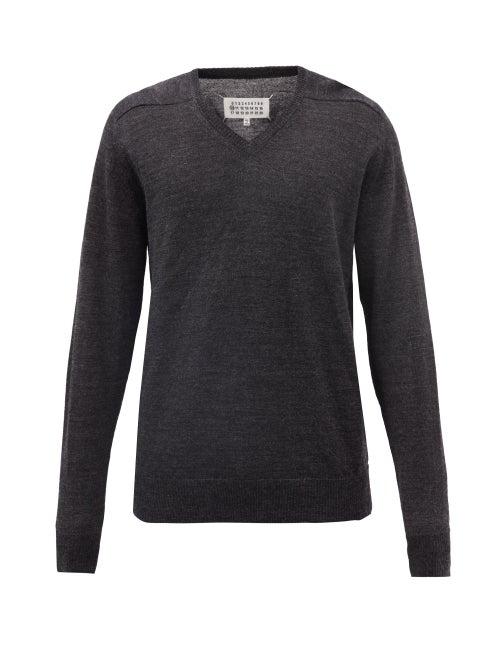 Maison Margiela - Leather-patch V-neck Wool Sweater - Mens - Grey