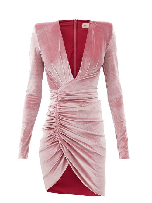 Matchesfashion.com Alexandre Vauthier - Plunge-neck Ruched Velvet Mini Dress - Womens - Pink
