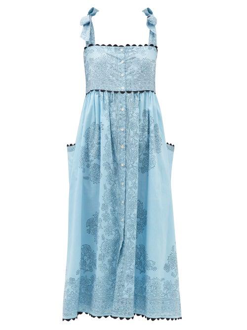 Juliet Dunn - Rose-print Cotton-muslin Dress - Womens - Blue