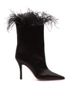 Matchesfashion.com Amina Muaddi - Nakia Feather Trimmed Satin Ankle Boots - Womens - Black