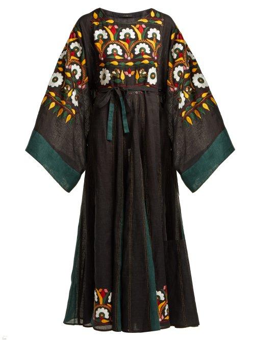 Matchesfashion.com Vita Kin - Magnolia Round Neck Linen Midi Dress - Womens - Black Multi