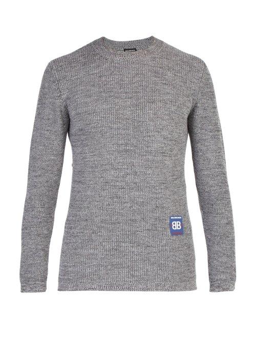 Matchesfashion.com Balenciaga - Logo Patch Micro Ribbed Wool Sweater - Mens - Black White
