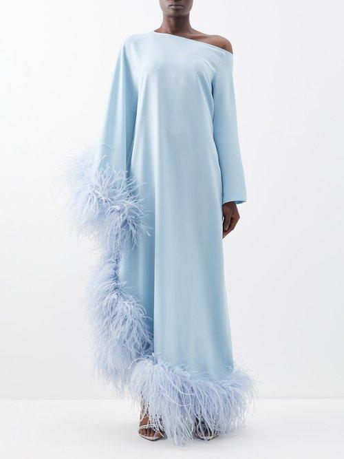 Taller Marmo - Ubud Asymmetric Feather-trim Crepe Gown - Womens - Light Blue