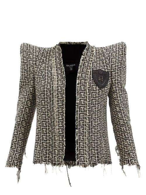 Ladies Rtw Balmain - Pagoda-shoulder Wool-blend Tweed Jacket - Womens - Black White