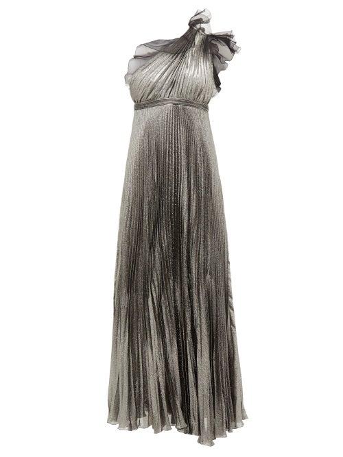 Matchesfashion.com Giambattista Valli - One Shoulder Silk Blend Pleated Metallic Gown - Womens - Silver