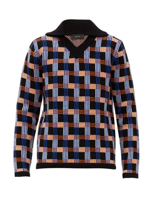 Matchesfashion.com Joseph - V Neck Checked Intarsia Wool Sweater - Mens - Black Multi