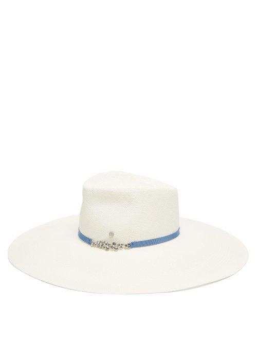 Matchesfashion.com Maison Michel - Pina Crystal Embellished Straw Hat - Womens - White