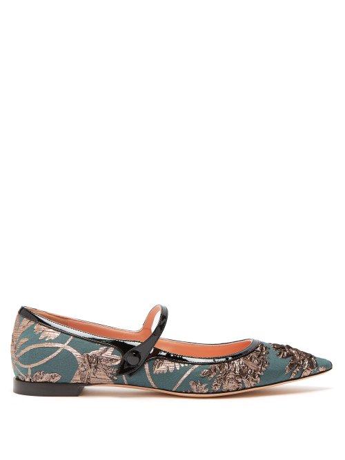 Matchesfashion.com Rochas - Floral Brocade Point Toe Flats - Womens - Green Gold