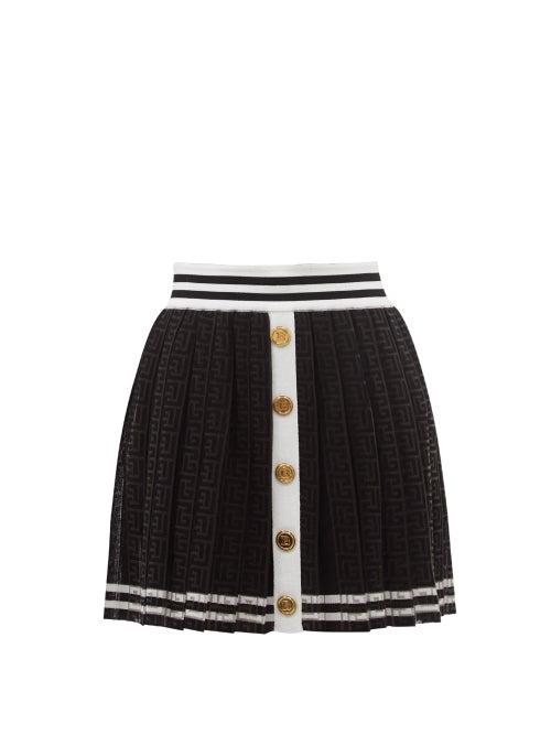 Ladies Rtw Balmain - Pleated Monogram-jacquard Jersey Mini Skirt - Womens - Black White