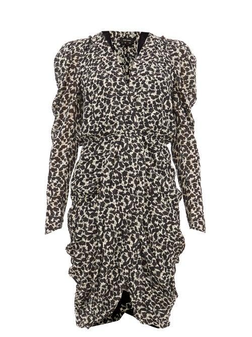 Matchesfashion.com Isabel Marant - Issolya Ruched Floral Print Chiffon Midi Dress - Womens - Black White