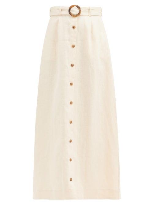 Matchesfashion.com Lisa Marie Fernandez - Belted High-rise Linen Midi Skirt - Womens - Cream