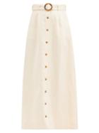 Matchesfashion.com Lisa Marie Fernandez - Belted High-rise Linen Midi Skirt - Womens - Cream