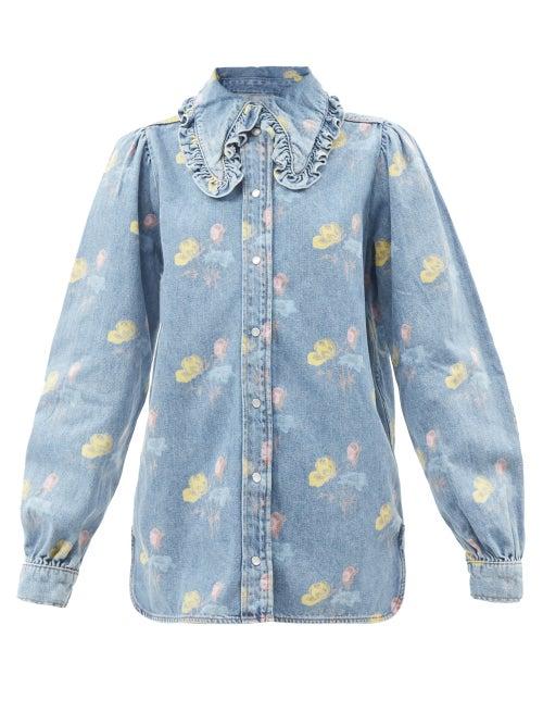 Ganni - Ruffled-collar Floral-print Cotton-denim Shirt - Womens - Light Denim