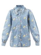 Ganni - Ruffled-collar Floral-print Cotton-denim Shirt - Womens - Light Denim