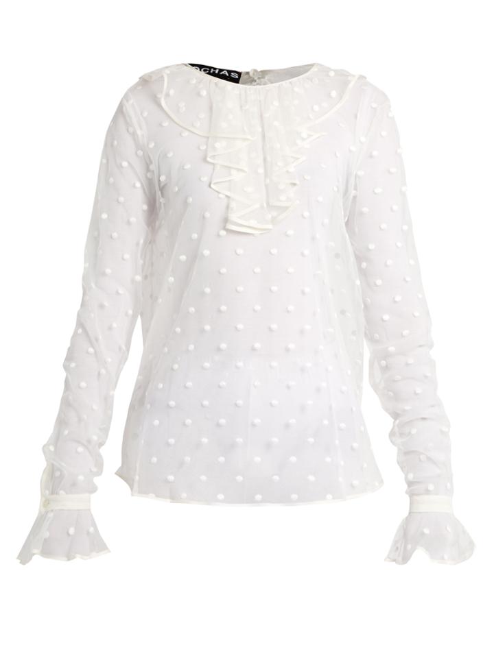 Rochas Polka-dot Embroidered Tulle Blouse
