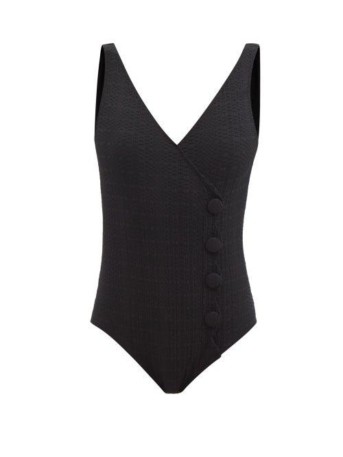 Ladies Beachwear Lisa Marie Fernandez - Buttoned Wrap-front Textured-jersey Swimsuit - Womens - Black