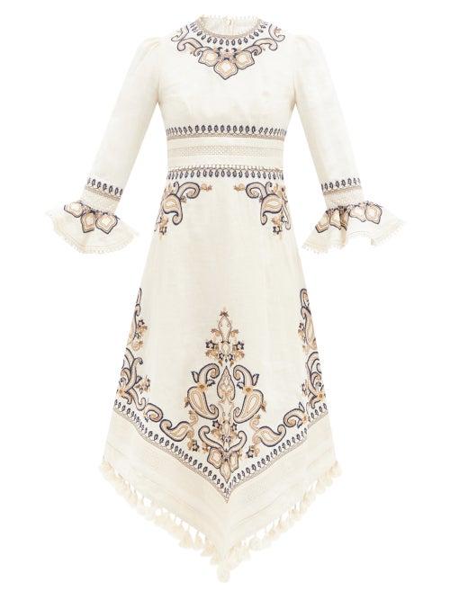 Ladies Beachwear Zimmermann - Aliane Paisley-embroidered Linen-canvas Dress - Womens - Yellow White