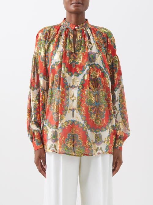 Etro - Orion Paisley-print Metallic-silk Blouse - Womens - Red