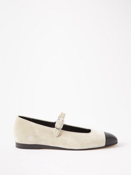 Le Monde Beryl - Velvet And Leather Mary Jane Flats - Womens - White Black
