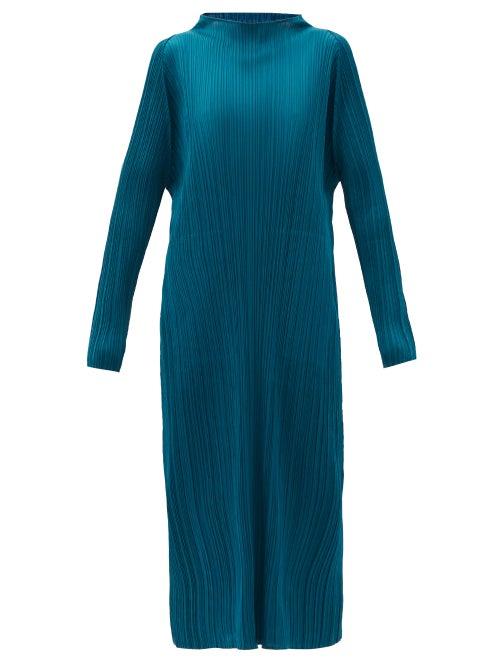 Matchesfashion.com Pleats Please Issey Miyake - High-neck Technical-pleated Midi Dress - Womens - Dark Blue