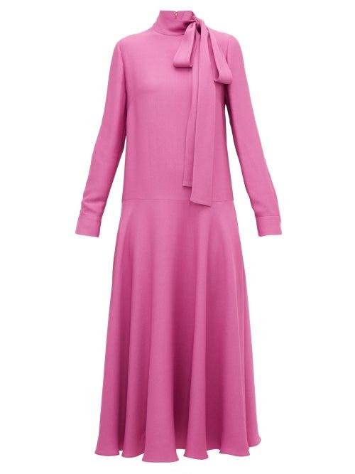 Matchesfashion.com Valentino - Tie Neck Dropped Waist Crepe Midi Dress - Womens - Pink