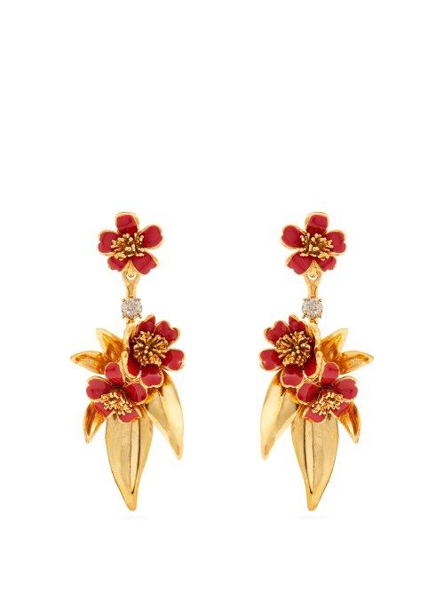 Matchesfashion.com Oscar De La Renta - Delicate Flower Gold Plated Drop Clip On Earrings - Womens - Red