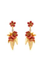 Matchesfashion.com Oscar De La Renta - Delicate Flower Gold Plated Drop Clip On Earrings - Womens - Red