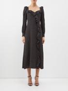 Alessandra Rich - Ruffled Polka-dot Print Silk Midi Dress - Womens - Black