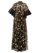 Matchesfashion.com Giambattista Valli - Floral Embroidered Flared Ruffle Sleeve Tulle Gown - Womens - Black Multi