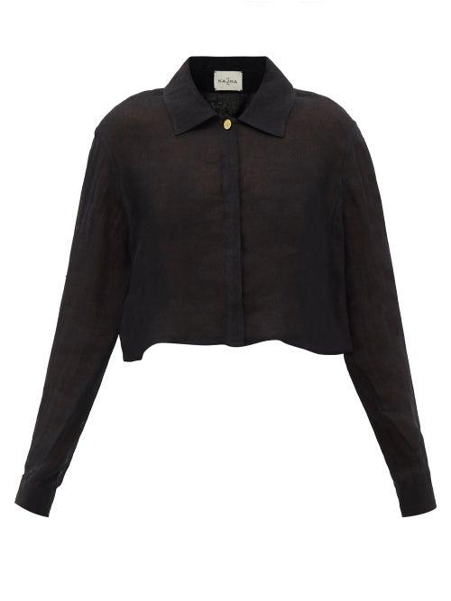 Le Kasha - Wasta Cropped Linen Shirt - Womens - Black