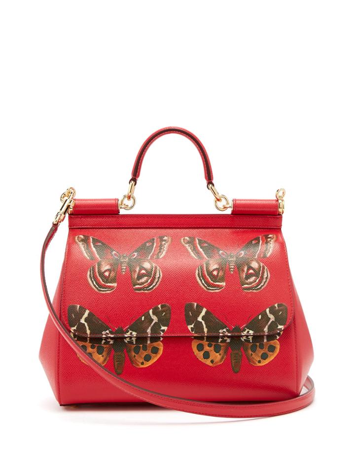 Dolce & Gabbana Sicily Medium Butterfly-print Dauphine-leather Bag