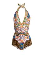 Dolce & Gabbana Majolica-print Halterneck Swimsuit