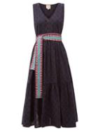 Matchesfashion.com Le Sirenuse, Positano - Evelin Belted Embroidered-cotton Midi Dress - Womens - Navy