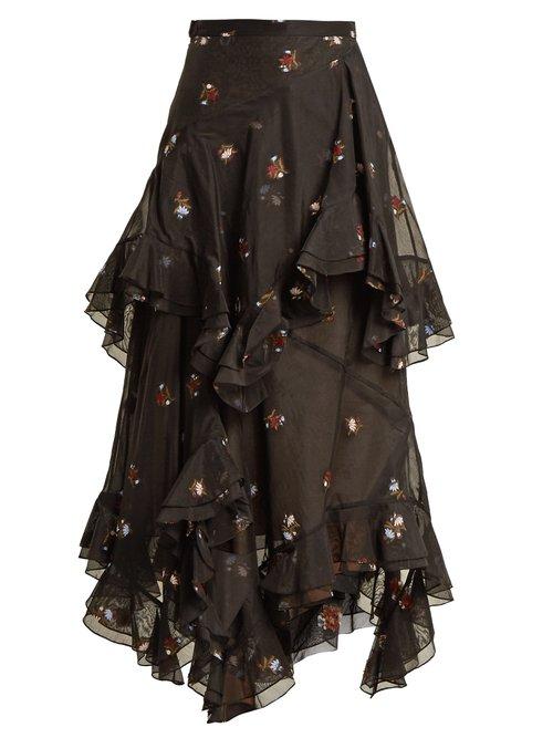 Matchesfashion.com Erdem - Elsa Floral Embroidered Tiered Cotton Blend Skirt - Womens - Black