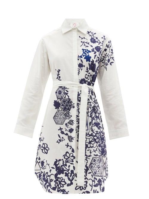 Matchesfashion.com Kilometre Paris - Li Galli Meets Limoges Belted Cotton Shirt Dress - Womens - White Multi