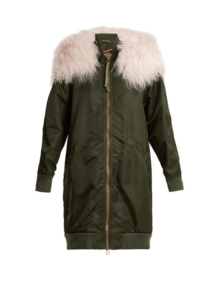 Mr & Mrs Italy Mongolian-fur Trimmed Long-line Bomber Jacket