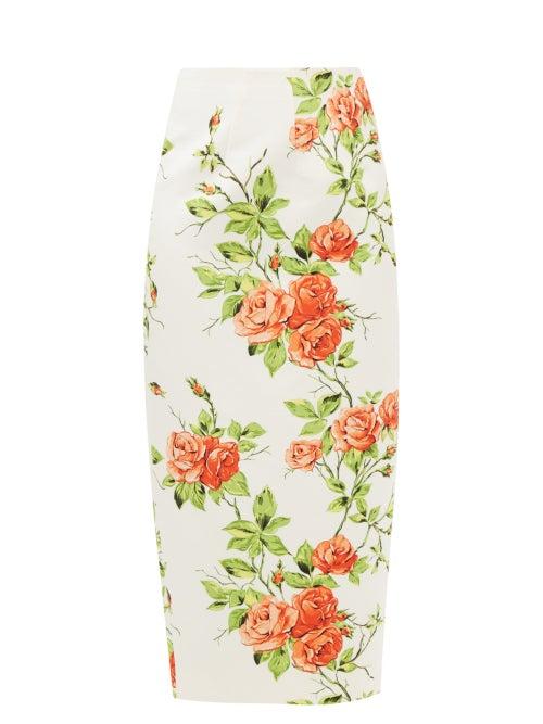 Emilia Wickstead - Alissandra Floral-print Rep Pencil Skirt - Womens - Orange