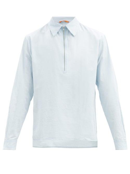 Matchesfashion.com Barena Venezia - Botega Half-zip Cotton-gauze Shirt - Mens - Light Blue