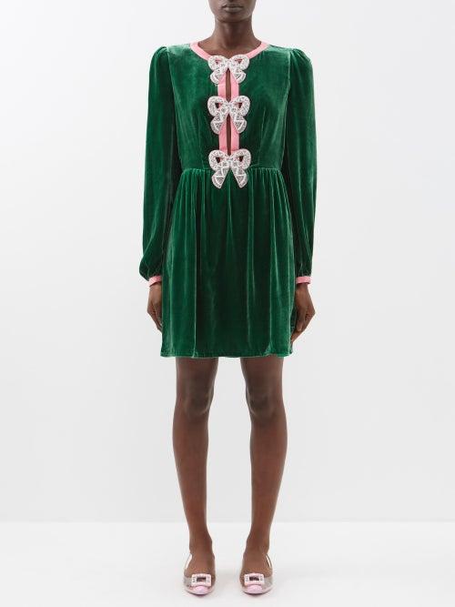 Saloni - Camille Crystal-bow Velvet Mini Dress - Womens - Green