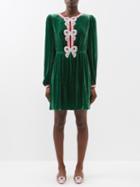 Saloni - Camille Crystal-bow Velvet Mini Dress - Womens - Green