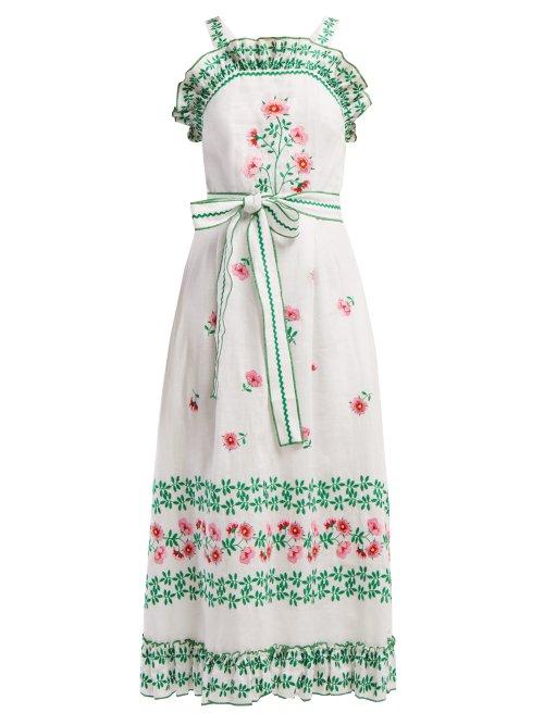 Matchesfashion.com Gl Hrgel - Floral Embroidered Linen Midi Dress - Womens - White Print