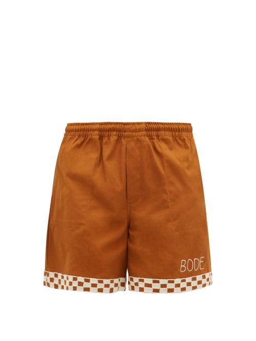 Matchesfashion.com Bode - Checkerboard Embroidered Cotton Shorts - Mens - Brown