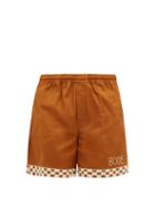 Matchesfashion.com Bode - Checkerboard Embroidered Cotton Shorts - Mens - Brown