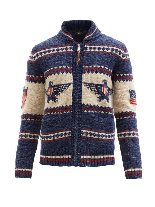 Rrl - Americana-intarsia Cotton-blend Cardigan - Mens - Blue Multi