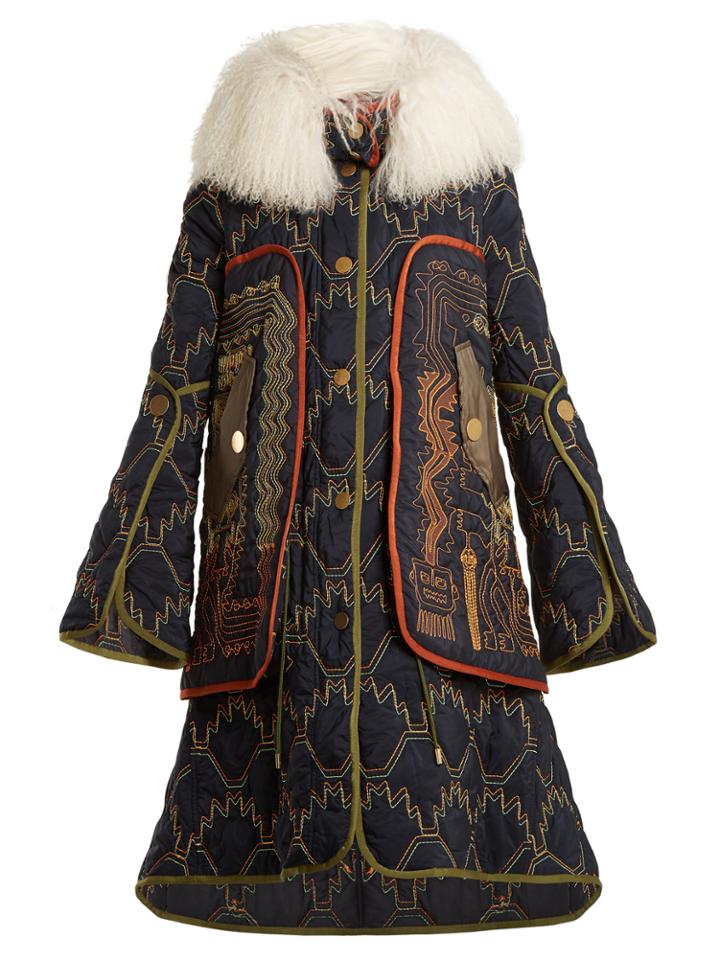 Peter Pilotto Graphic-embroidered Fur-trimmed Coat